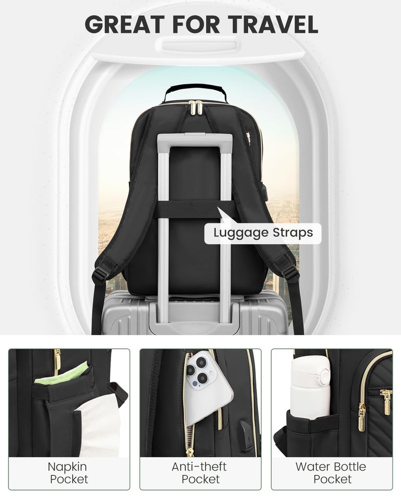 LOVEVOOK Laptop Backpack Purse for Women, Work Travel Computer Bags, College School Backpack for Student Girl, Quilted Casual Daypack with USB Port, Fit 15.6 Inch Laptop, Black - Image 4